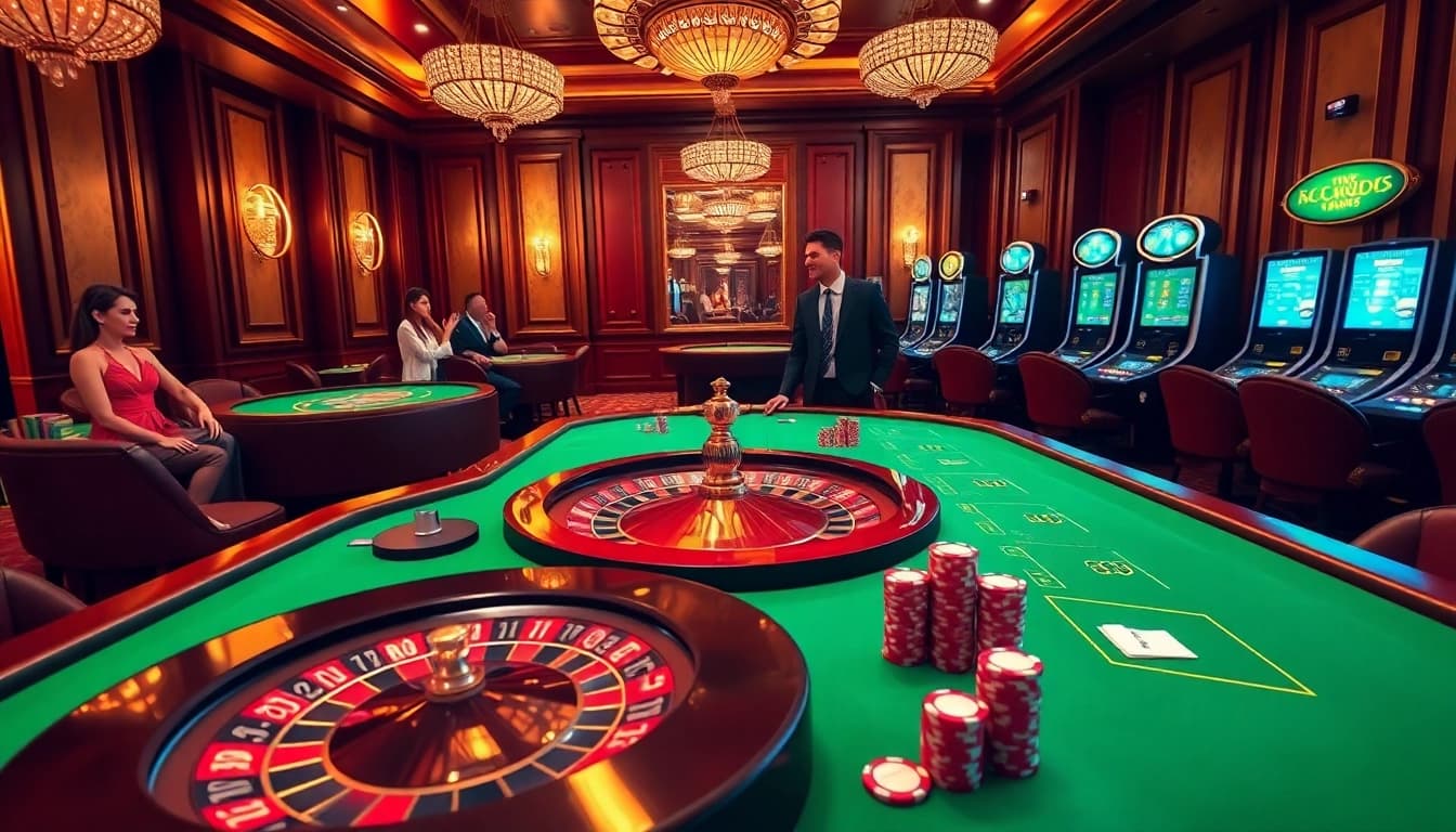 Experience the thrilling atmosphere at https://gk88.toys/ with elegant players enjoying poker and roulette in a luxurious casino setting.
