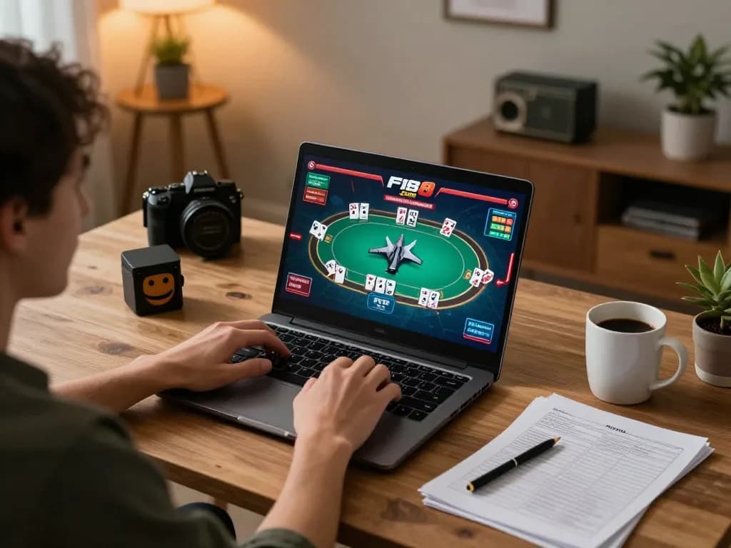 Engaging player enjoying poker on F168 com with cozy home setting and strategy materials.