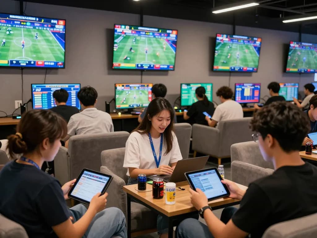 Enthusiastic players engaging in debet sports betting in a lively modern gaming arena with multiple screens.