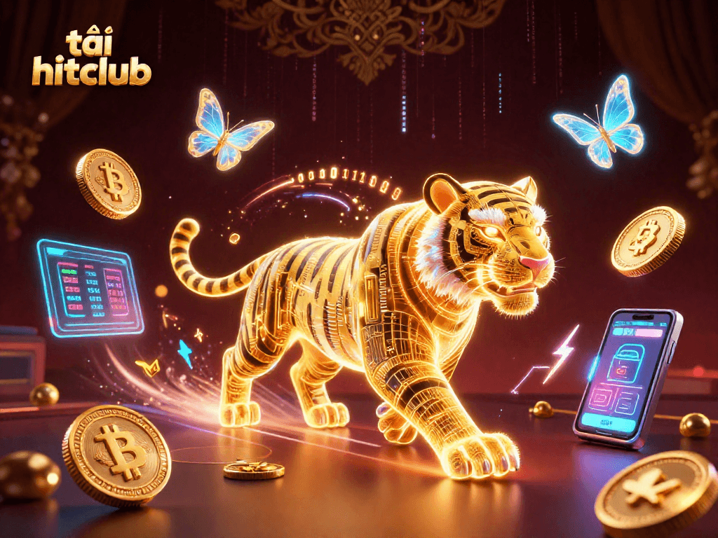 Experience slot thrills with tải hitclub in a virtual casino, showcasing 3D neon characters and crypto elements.