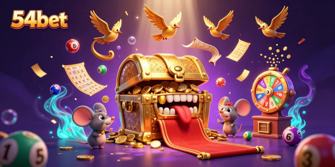 Interactive 54bet gaming experience with a golden treasure chest, bouncing lottery balls, and enticing prizes.