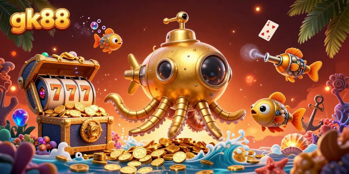 Engage with gk88's thrilling slot adventure featuring a golden kraken submarine amidst gold coins.