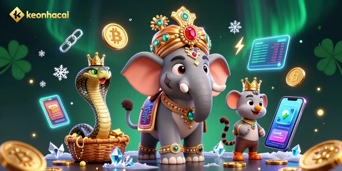 Experience keonhacai's vibrant casino world with a digital tiger and glowing crypto elements.
