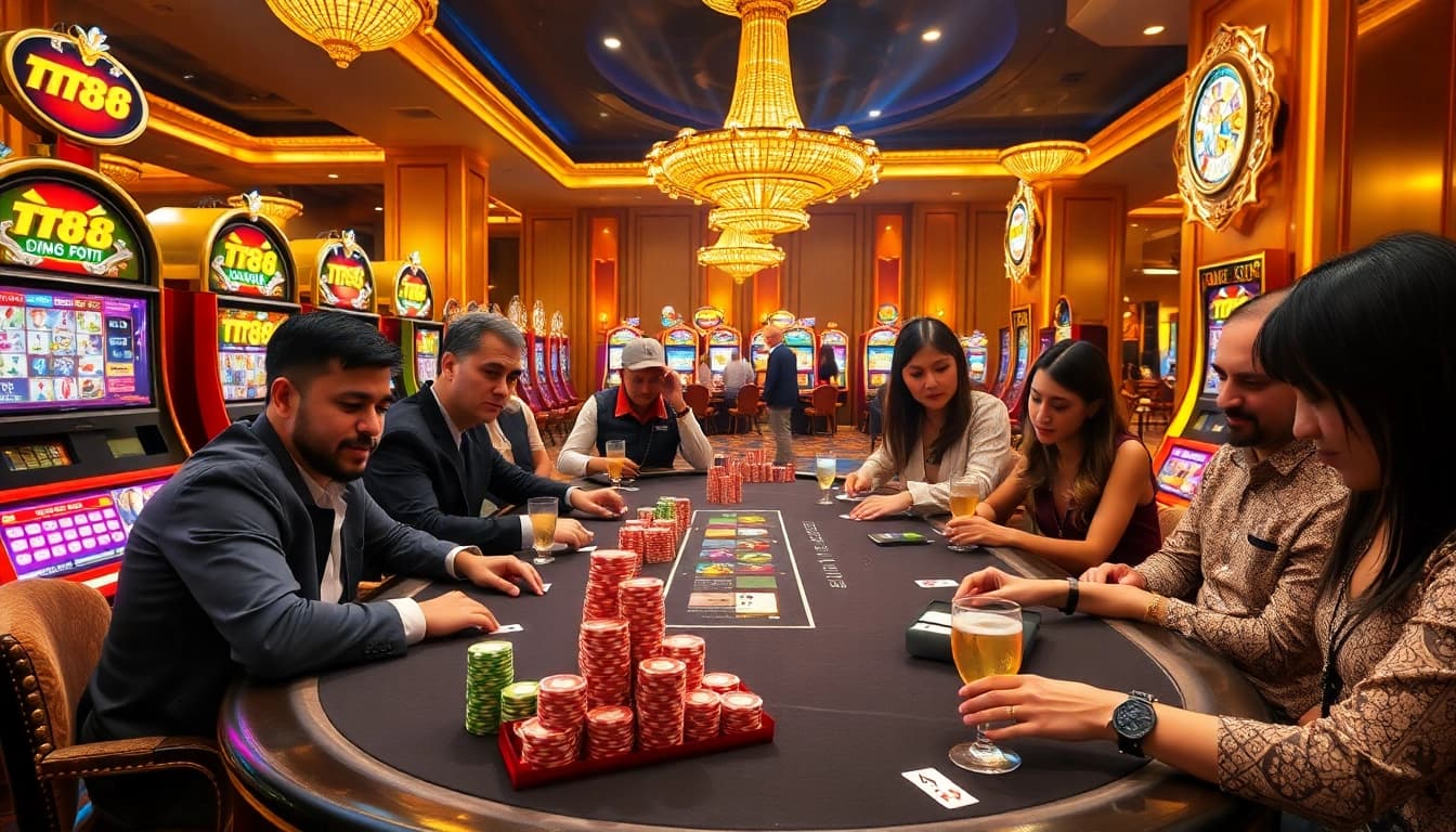 Players enjoying a thrilling game at the TT88 poker table in a vibrant casino atmosphere.