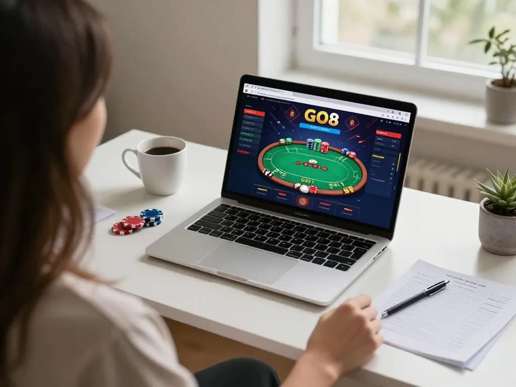 Engaging gameplay experience with GO8 casino app on a laptop at a cozy gaming setup.