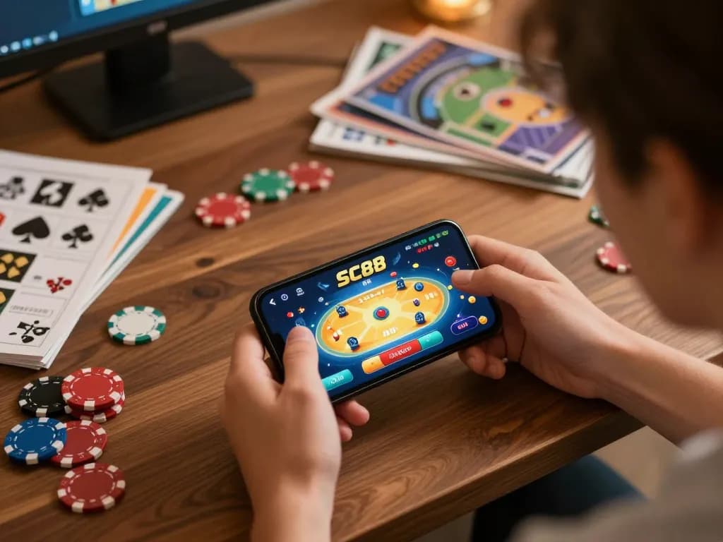 Player enjoying SC88 app on smartphone with poker chips and notes, highlighting online gambling