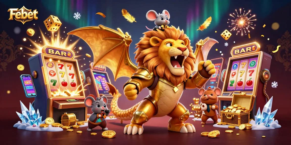 Febet showcases thrilling casino action with a golden chimera and vibrant slot machines