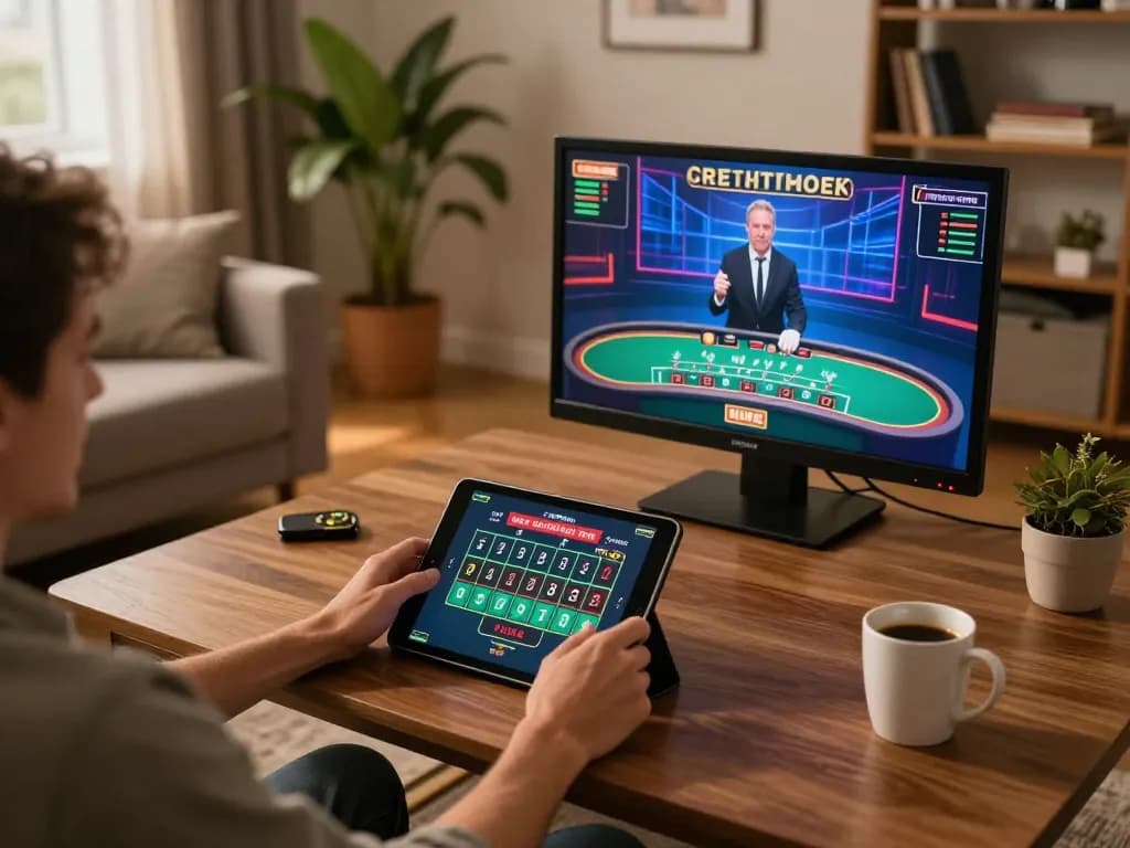 fun79 player engaging with live dealer blackjack on tablet, cozy home environment with strategic notes