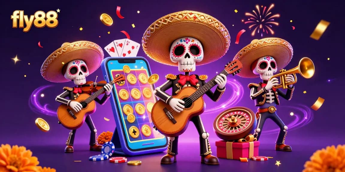 Engaging scene showcasing fly 88 with a vibrant Dia de los Muertos mariachi band amid slots and casino elements.