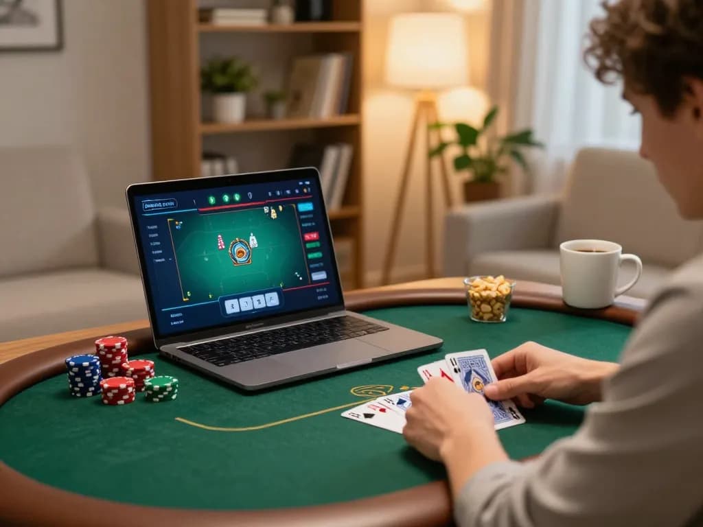 Engaged player strategizing at home using c168mov com online poker platform, showcasing responsible gaming.