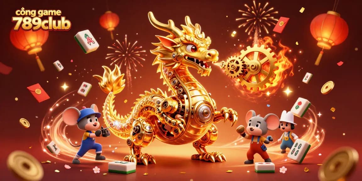 Experience excitement at cổng game 789club with dynamic 3D illustration of a golden dragon and festive elements.