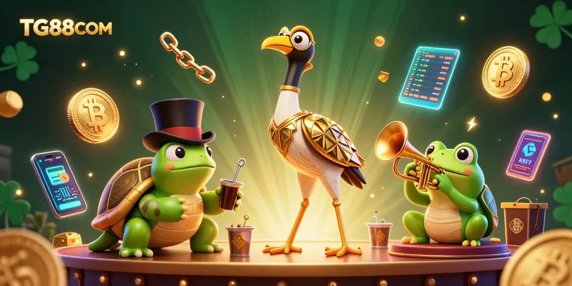 TG88COM features an exciting scene with a stylish crane, turtle, and frog amidst vibrant casino elements.