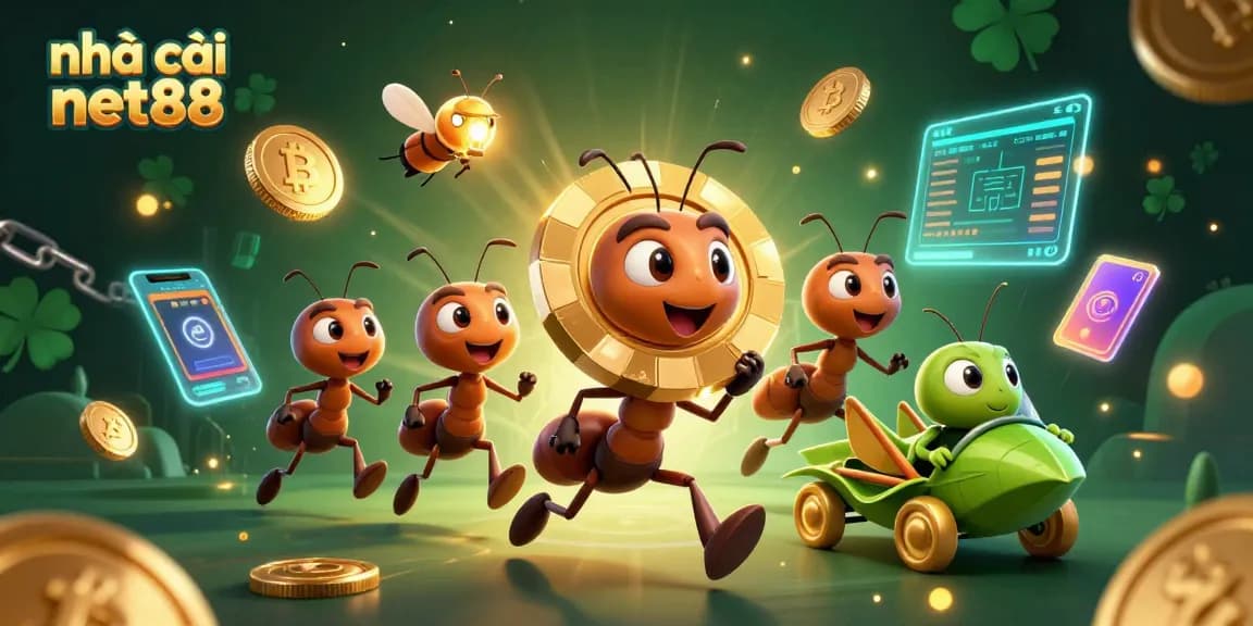 nhà cái net88 showcases ants heisting a golden poker chip, representing thrilling casino adventures.