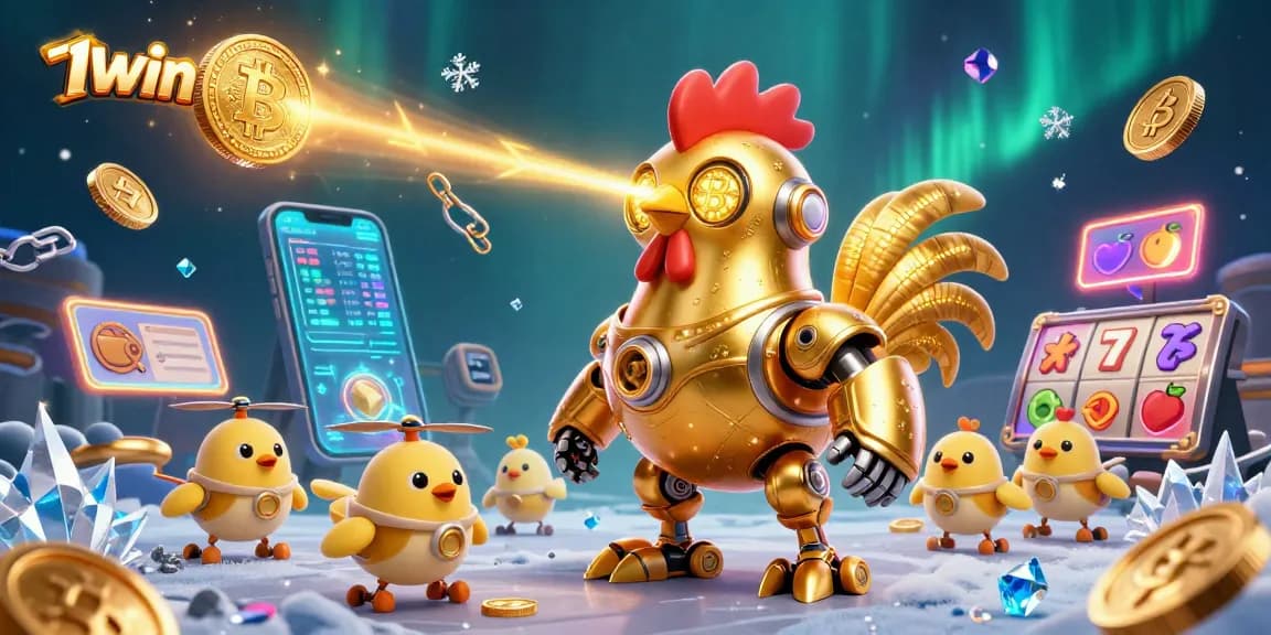Engage with 11win's animated universe, featuring a golden rooster robot amidst casino elements.