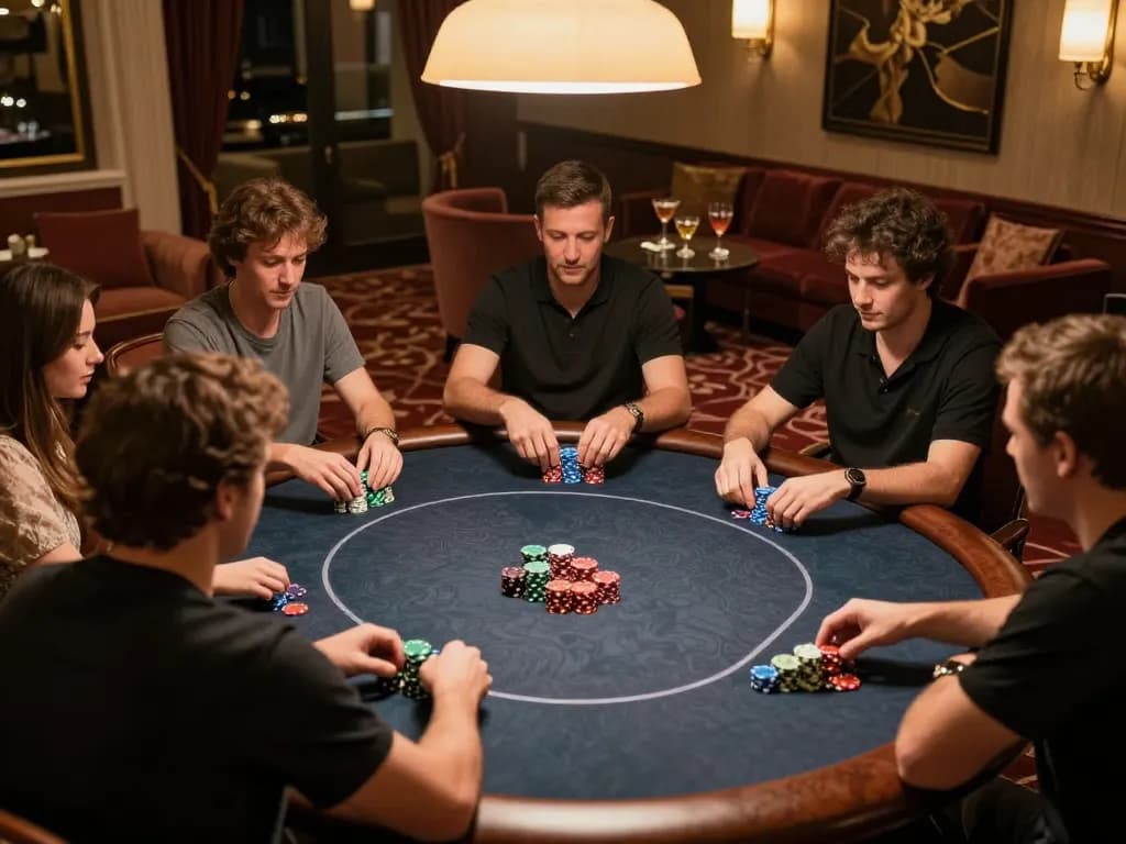 Engaged players at xx88 poker night in a luxurious private room with warm lighting.