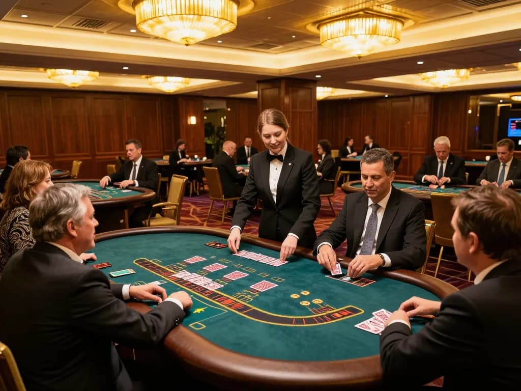 C168 blackjack table action with elegant dealer and engaged players in a luxury casino environment.