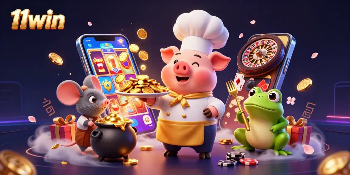 Join the fun at 11win with a lively 3D casino illustration showcasing characters serving gold coins amidst vibrant gambling elements.