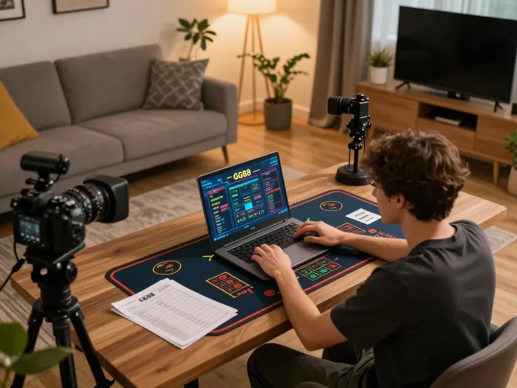 Engaged player using GG88 for online gambling at a stylish home setup, showcasing strategy and excitement.