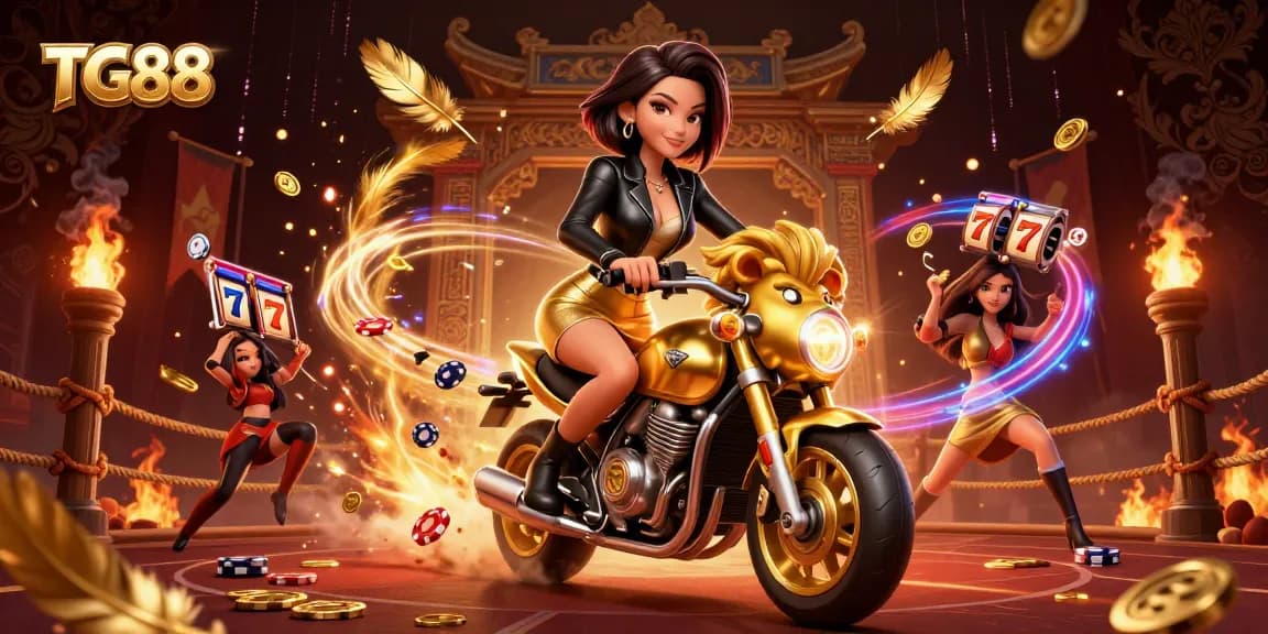 Experience the thrill of winning at TG88 with a glamorous woman riding a golden lion amidst dynamic casino elements.