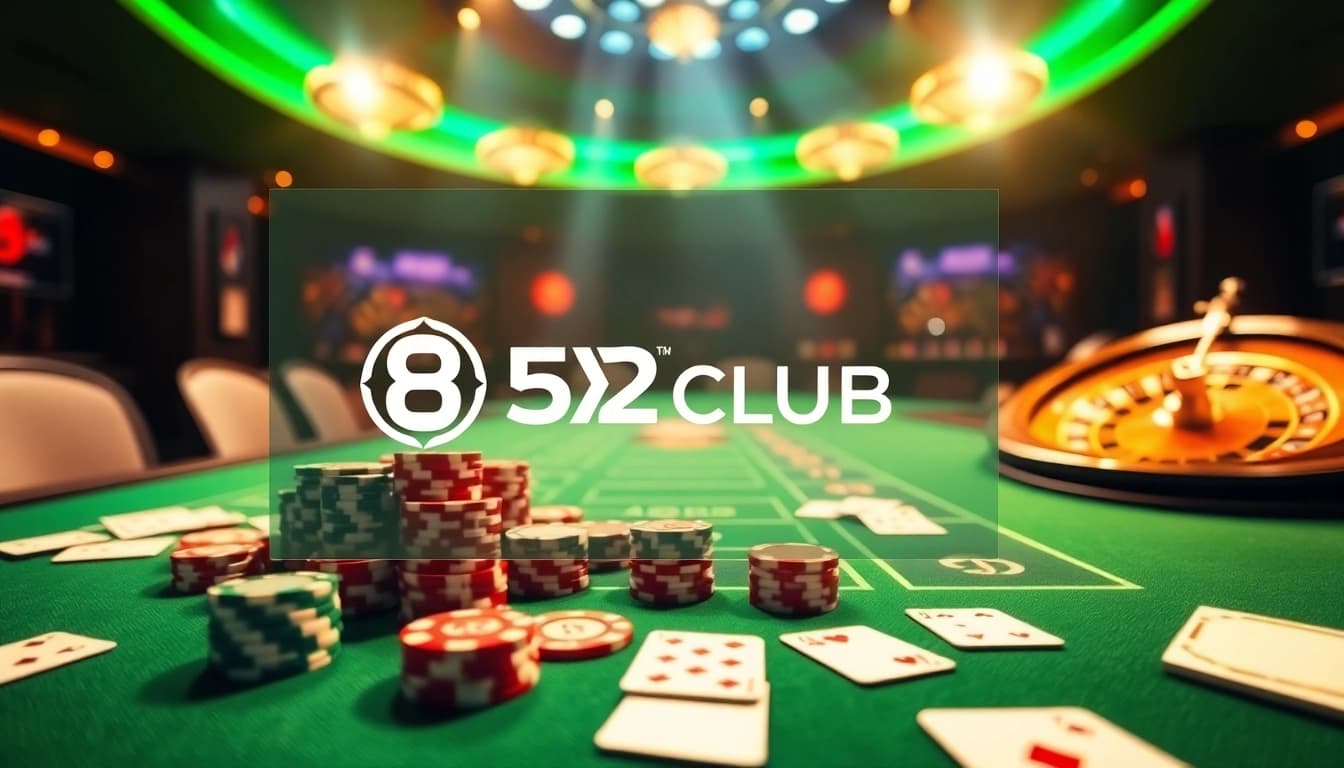 B52 CLUB offers an exciting gaming experience featuring poker chips and roulette wheels.