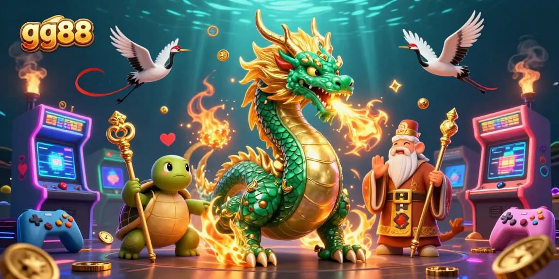 Engage with the thrilling world of gg88, featuring a jade dragon and a turtle sage in a vibrant casino scene.