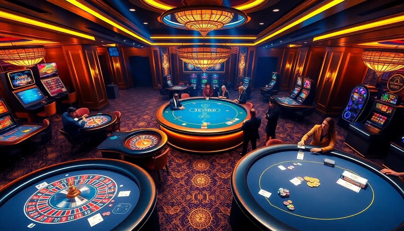 Experience the thrill of EV88 online gaming with glamorous casino tables and vibrant lights.