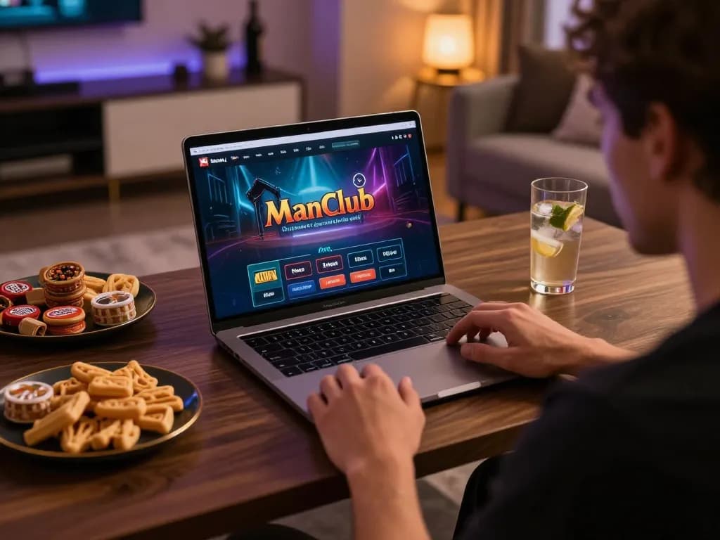 ManClub player analyzing bets in a cozy home casino setup with modern decor and snacks