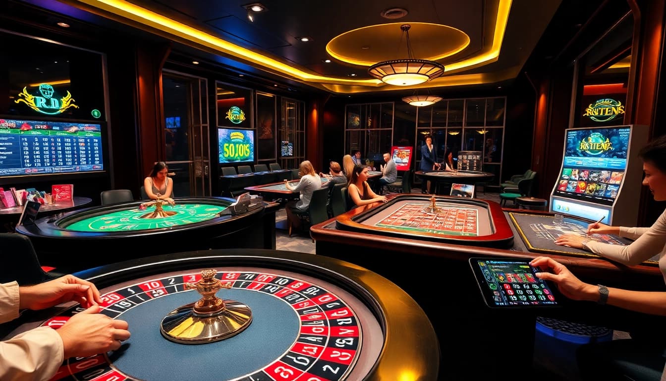 Immerse in the vibrant excitement of online gambling at https://uu88vn.za.com/ with high-tech game tables and engaged players.
