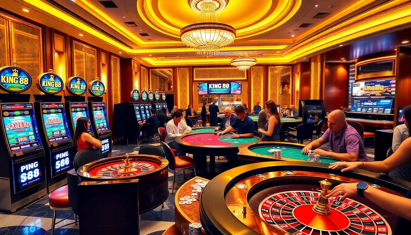 Engaged players enjoying the KING88 casino experience with vibrant slot machines and roulette wheels.