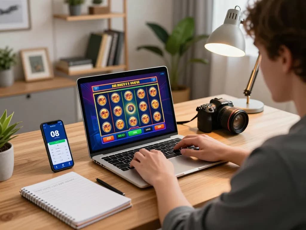 Engaging scene of user playing slot game at O8 online casino on a laptop with vibrant snack-filled desk setup.