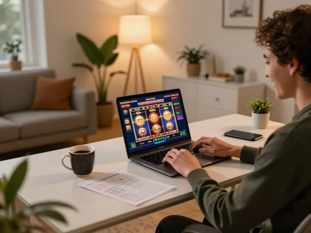 Engaging online gaming experience at https://jl16-games.org/ with vibrant slot game interface and cozy home setup