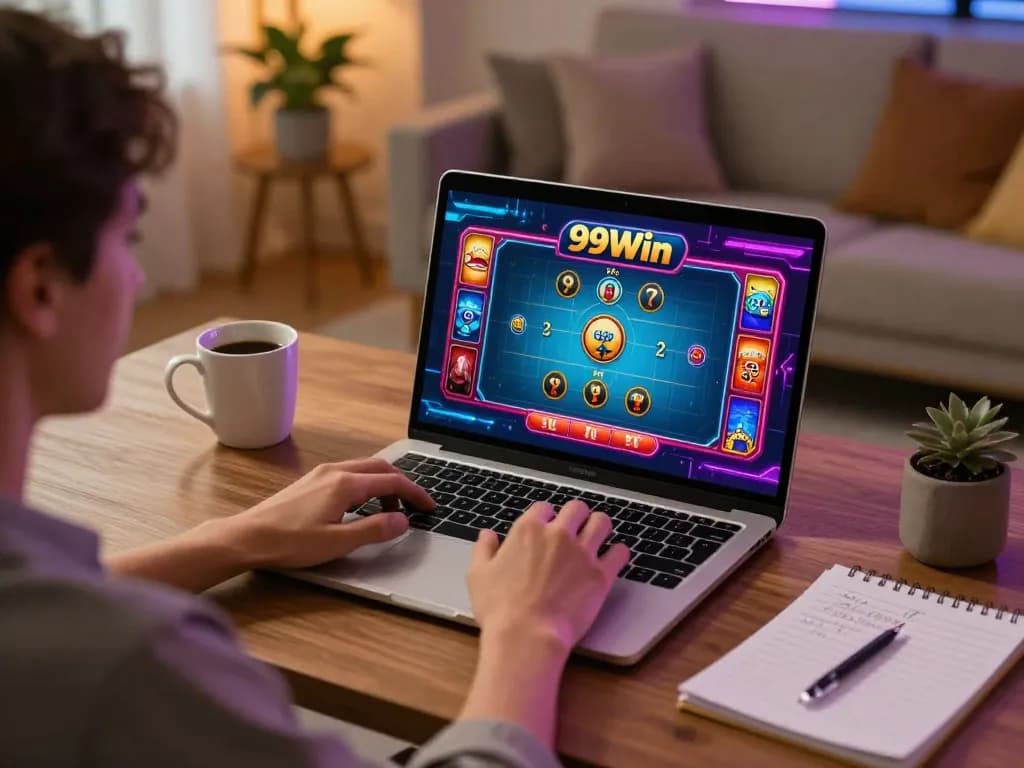 Engaging online gaming experience at 99Win, with player using laptop in cozy home setting.