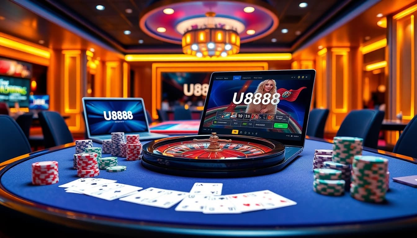 Plataforma U888 exibindo uma emocionante configuração de cassino online com fichas de poker e roda de roleta.