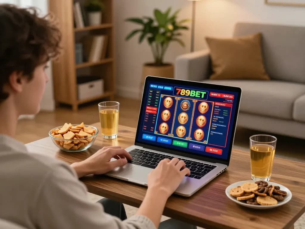 Person enjoying online gaming at 789BET, showcasing a vibrant and engaging casino experience at home.