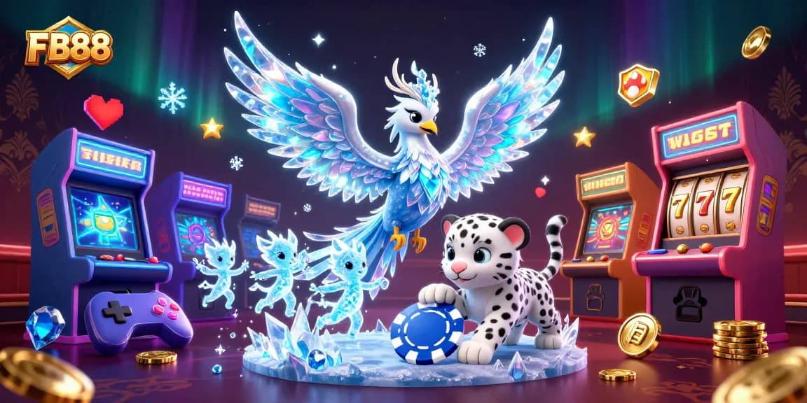 Engage with FB88's thrilling casino experience featuring a vibrant scene with slot machines and lively characters.