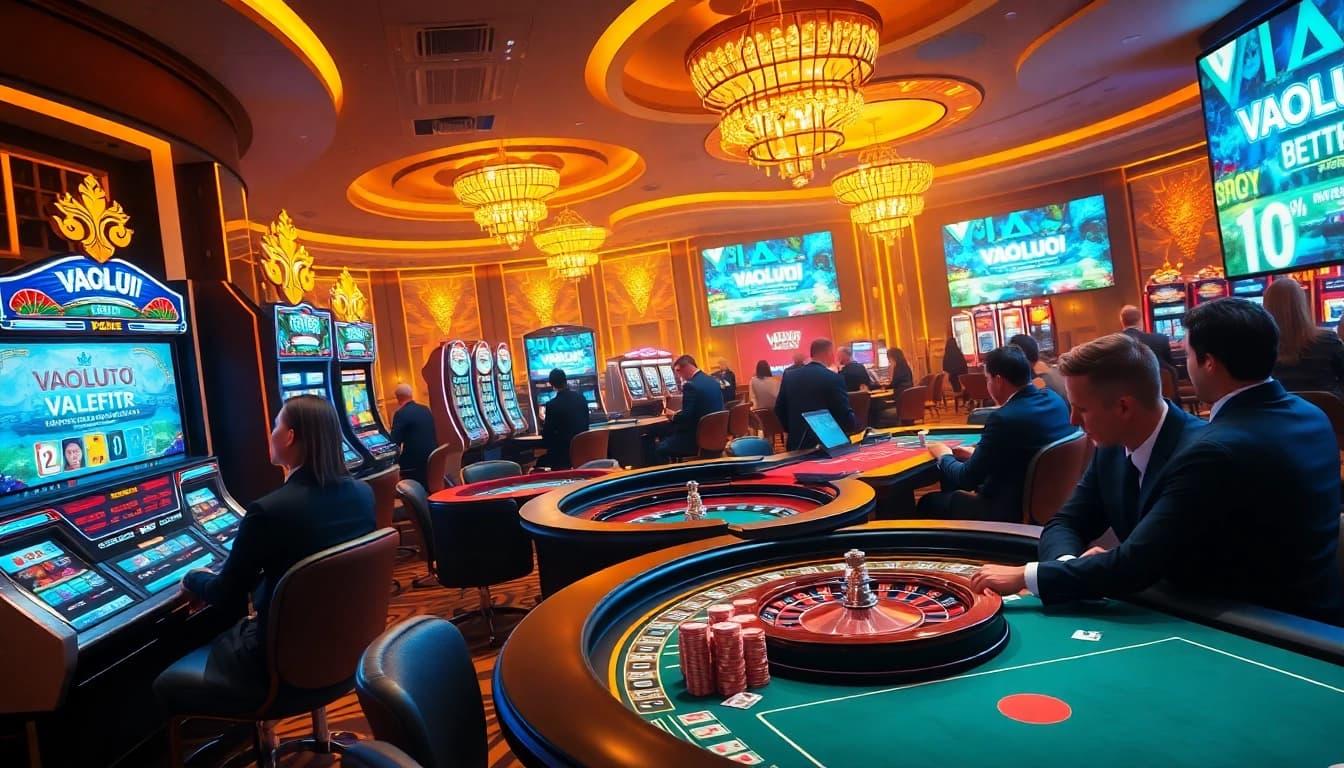 Vaoluoi casino scene featuring exciting games, stylish players, and vibrant atmosphere.