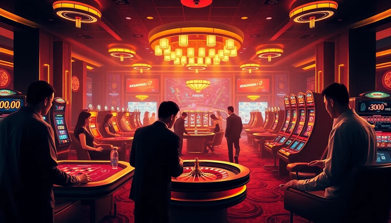 Experience the excitement of online gambling at j88.com with vibrant casino visuals and engaging players.