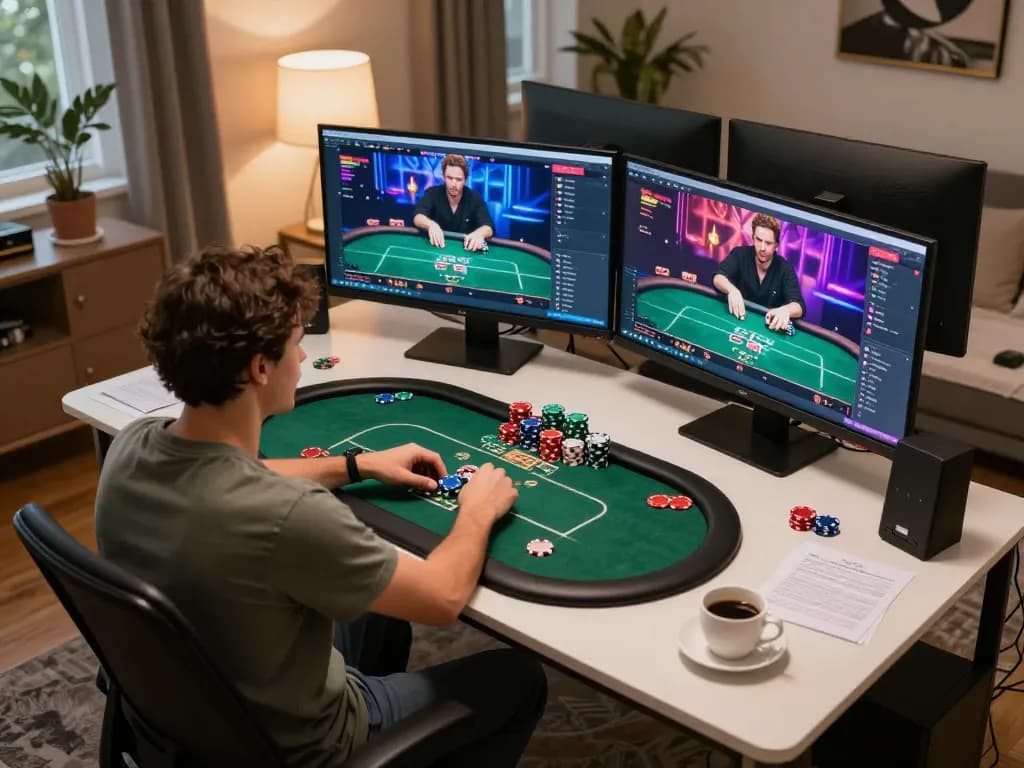 Engaging in strategic online poker gaming with da88 interface visible on multiple screens in a stylish home office.