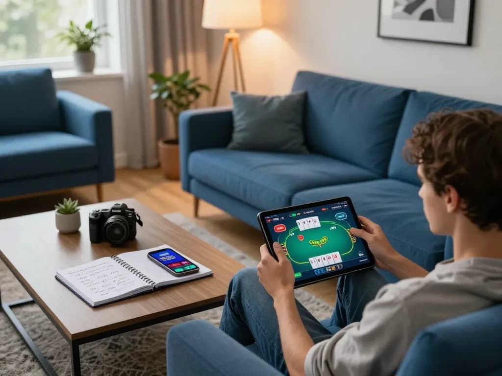 Engaging in strategic online poker gameplay at home with sky 88 app and notes.