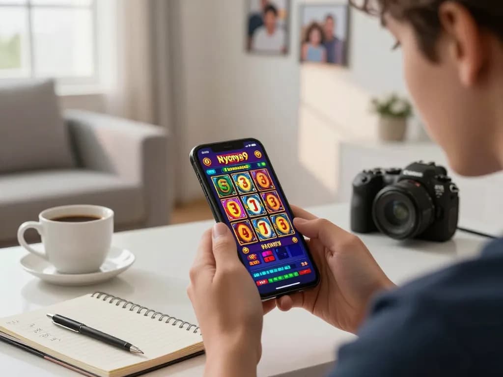 Nyonya9 player engaged in mobile gaming with smartphone app showcasing slot action in cozy home setting.