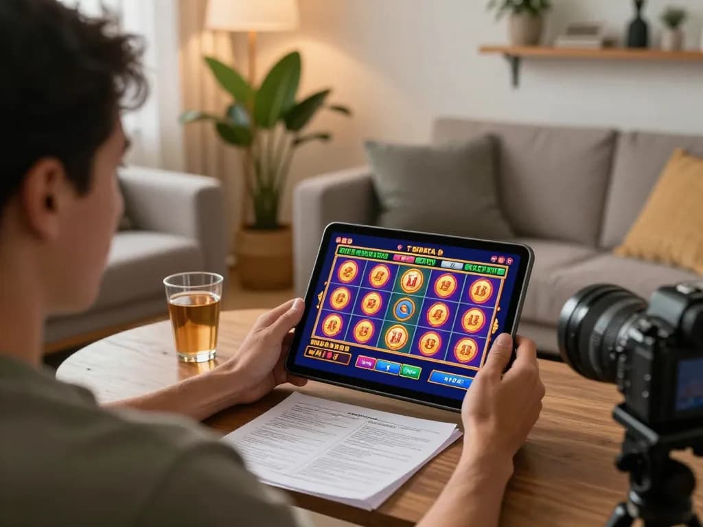 Engaging in online gaming at https://rr88.navy/ showcasing an exciting slot game on a tablet in a cozy home.