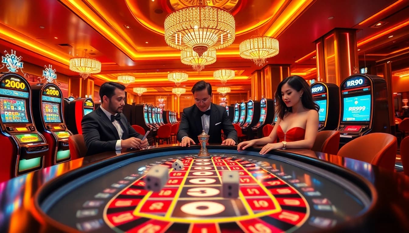 Experience the thrilling atmosphere at https://rr99.uk.com/ with elegant players at a luxurious casino table.