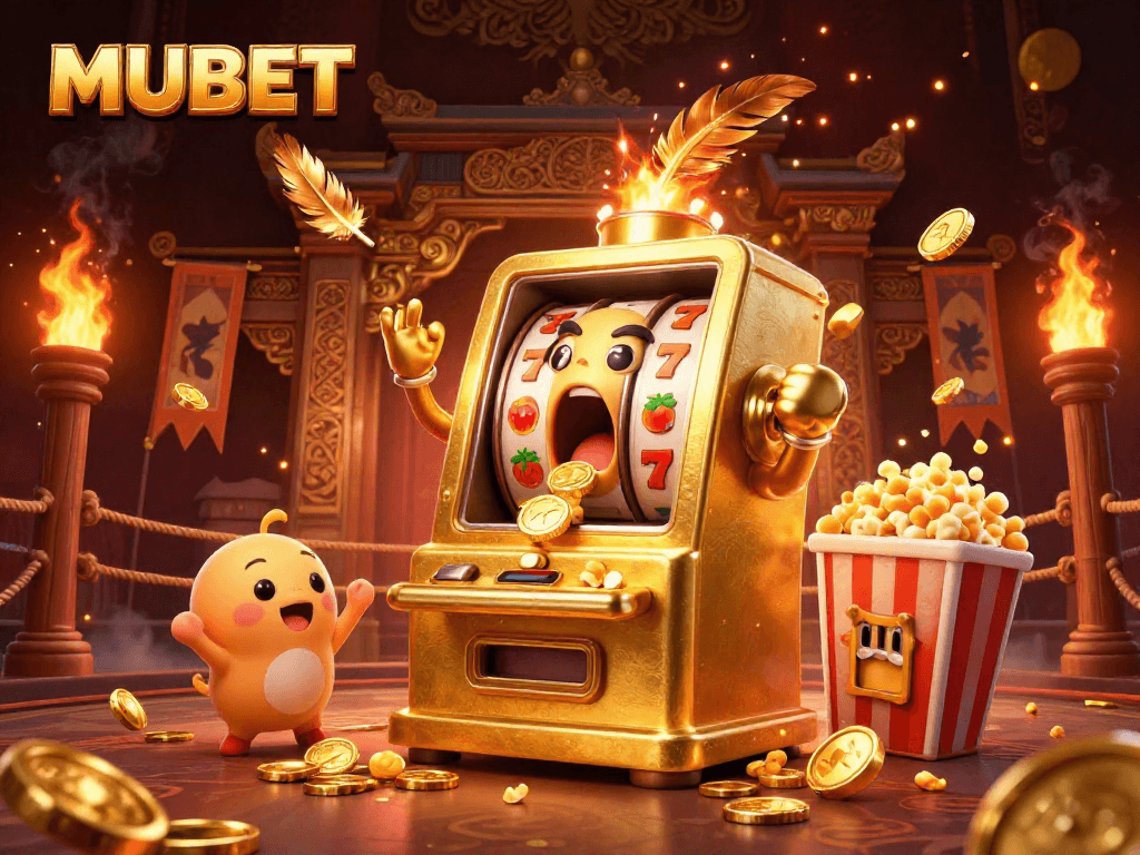 MUBET celebrates jackpots in a 3D scene with a golden slot machine, baby slots, and popcorn, creating a vibrant casino atmosphere.