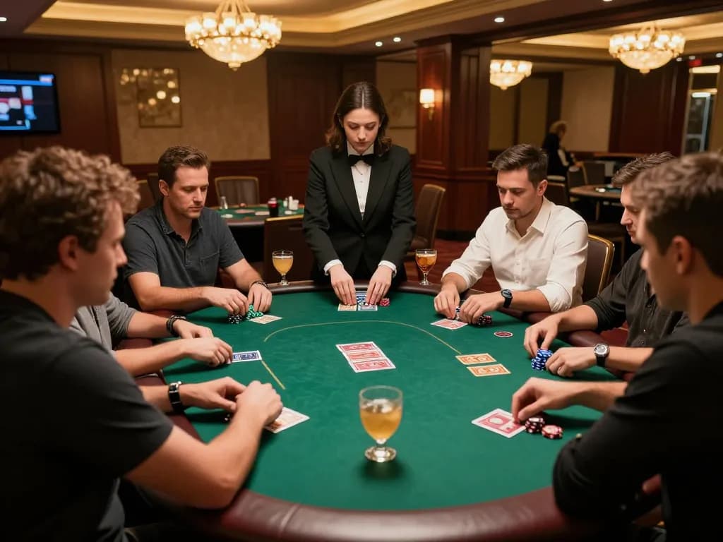 Players enjoying a strategic poker game at ta88ac casino, showcasing intense focus and luxury.