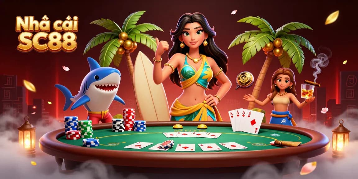 Experience the excitement at Nhà cái SC88 with a vibrant casino scene featuring poker elements and tropical vibes.