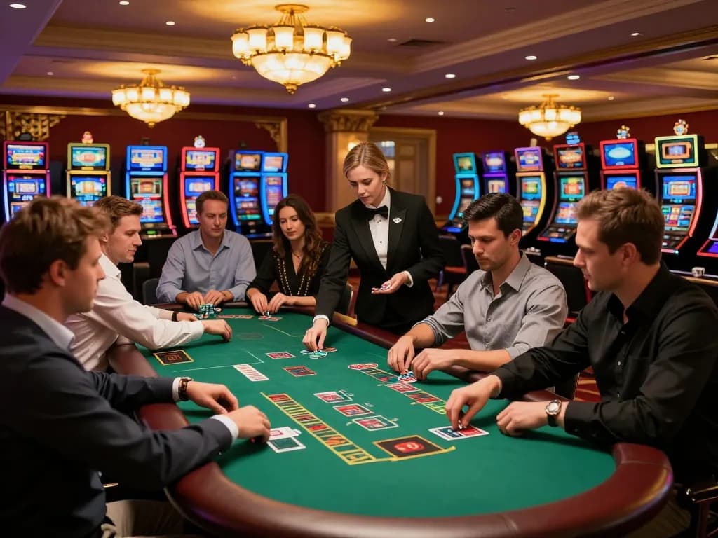 Players strategizing at a live blackjack game on 78win's casino floor, showcasing engaging gameplay and elegant setting