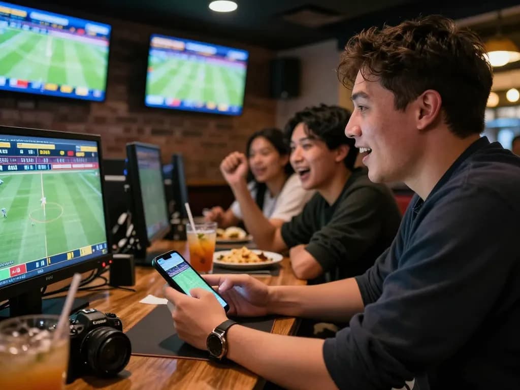 Excited bettor analyzing live odds on kp88 mobile app in a vibrant sports bar setting