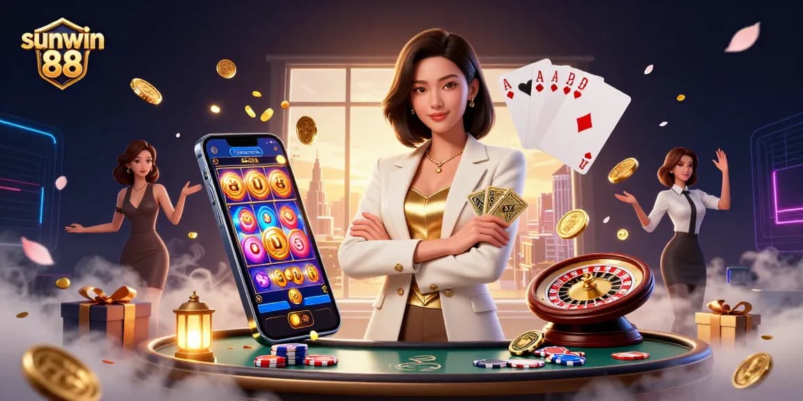 Engaging scene showcasing sunwin 88, featuring a powerful businesswoman in a glamorous setting, highlighting gaming excitement.