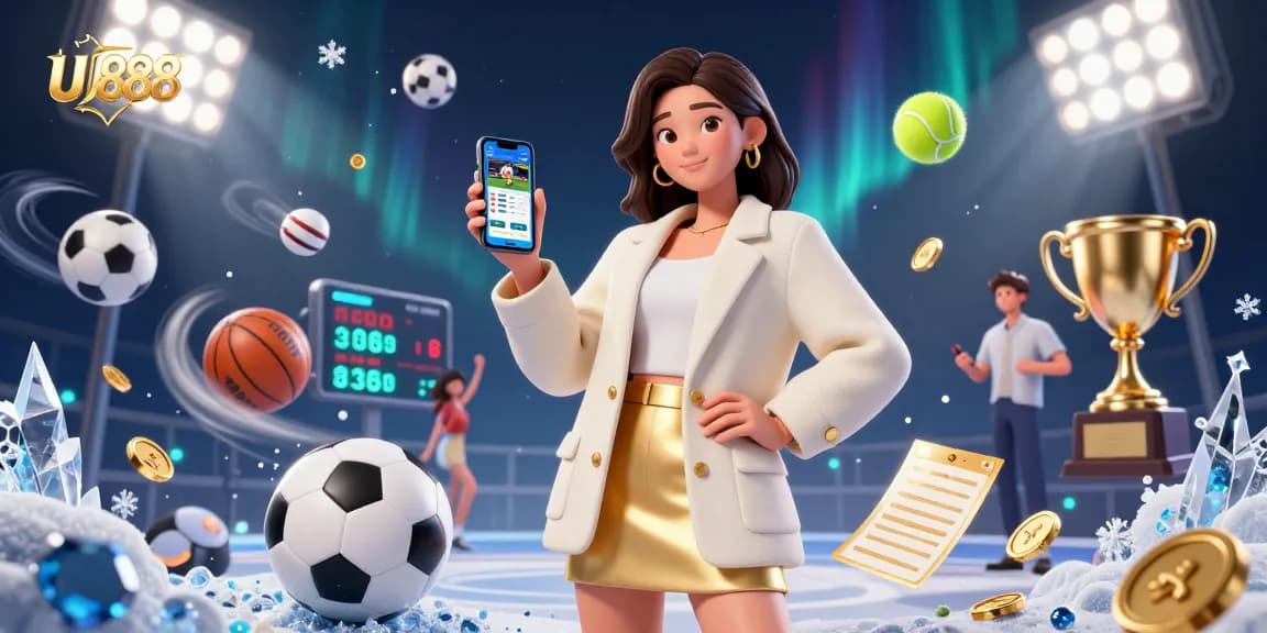 Bet on sports with UU888, featuring an Asian woman showcasing a betting app among vibrant game elements.