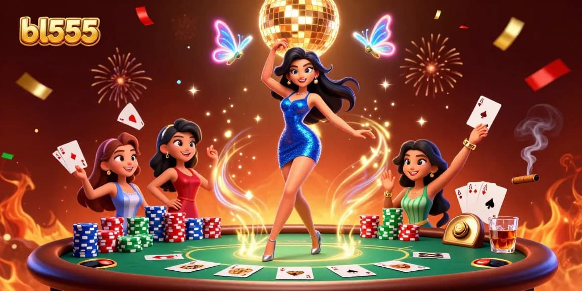 Engage with bl555's exciting casino atmosphere filled with vibrant poker elements and celebratory confetti.
